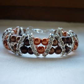 COFFEE, CHOCOLATE BROWN AND COPPER RHINESTONE BRACELET.  929