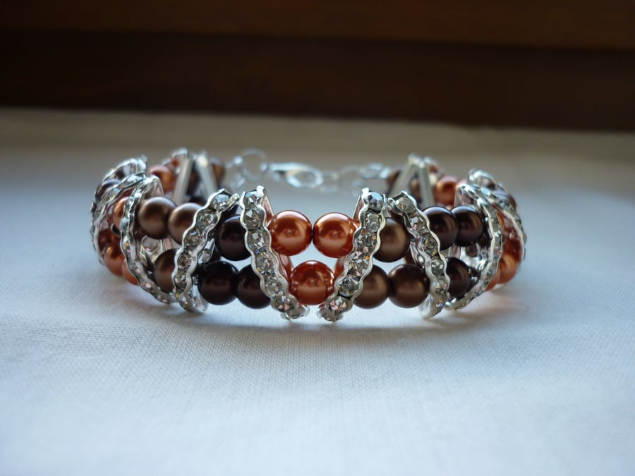 COFFEE, CHOCOLATE BROWN AND COPPER RHINESTONE BRACELET.  929