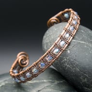 Snake Wire Weave Copper Cuff with Pale Blue AB Faceted Glass Beads