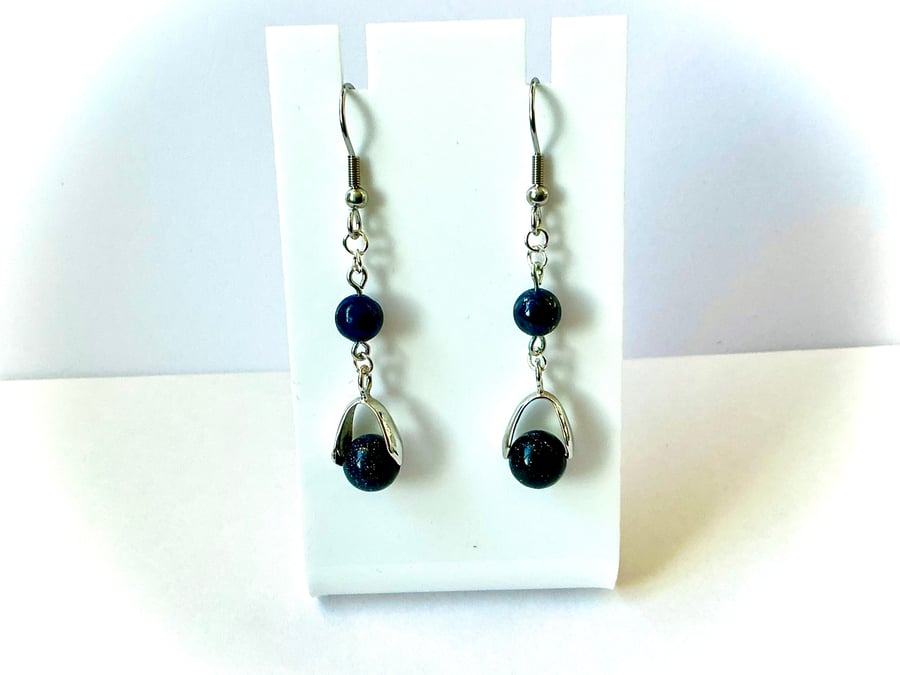 Navy Blue Goldstone Earrings
