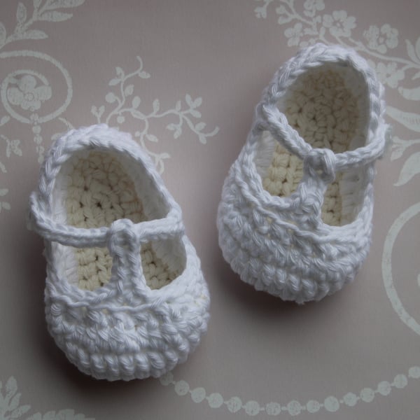 Traditional T-Strap Baby Shoes - 100% Cotton White and Cream - Baby Girl