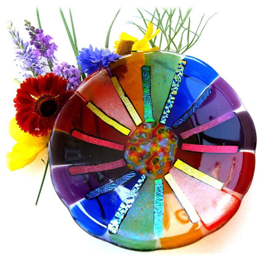 Rainbow Dichroic Glass Fused Bowl 13 x 2.5cm 063 Millefiori