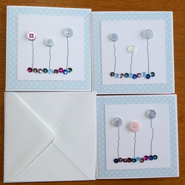 Pack of 3 Mini Blank Cards - Pastel Blue Button Flowers and Sequins