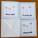 Pack of 3 Mini Blank Cards - Pastel Blue Button Flowers and Sequins