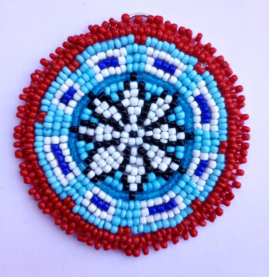 Blue & Red Beaded Circle pendant Geometric Flower Native American inspired