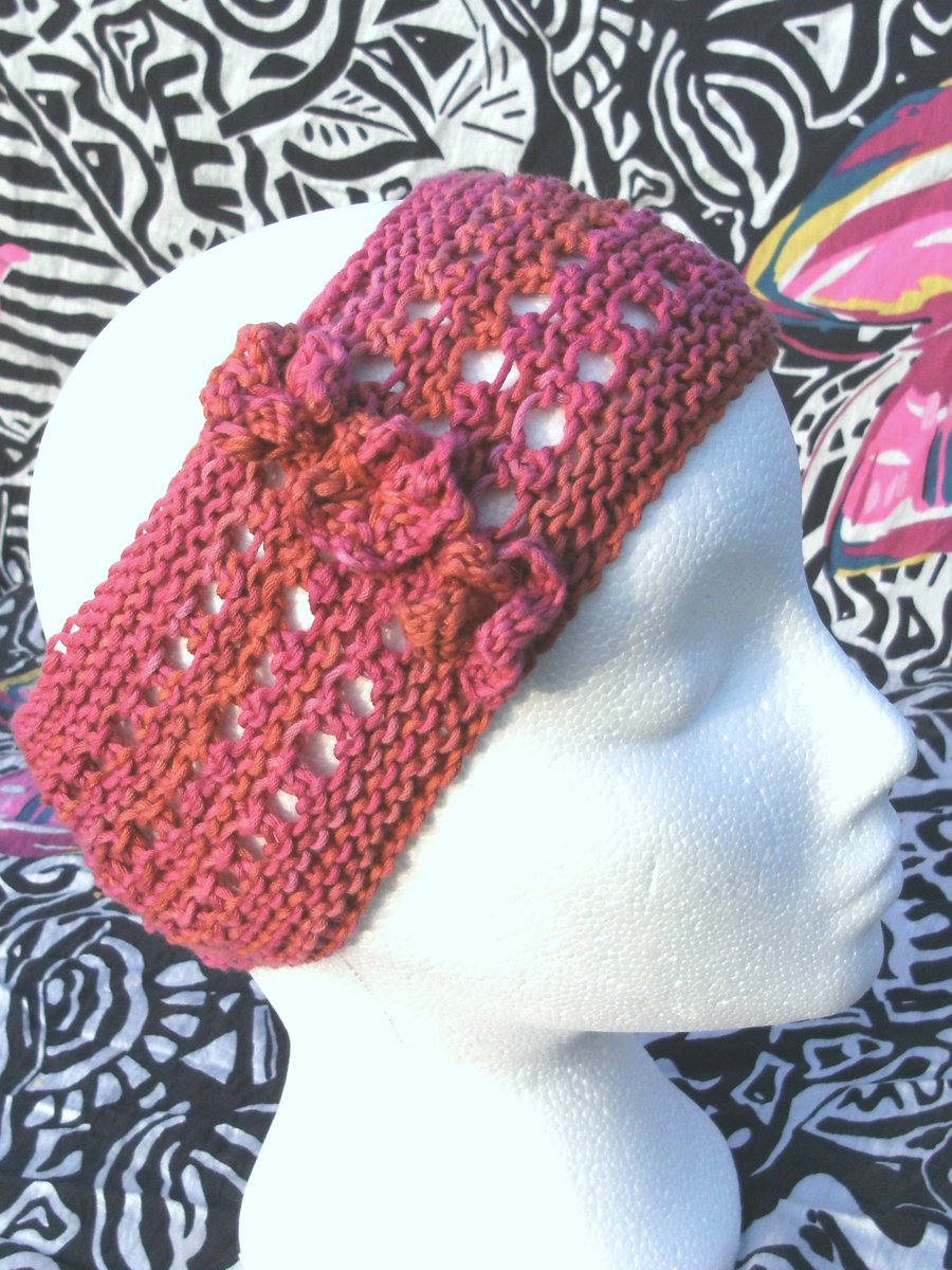 Hand-dyed & Knit Cotton Lacy Headband with flowers Coral Pinks