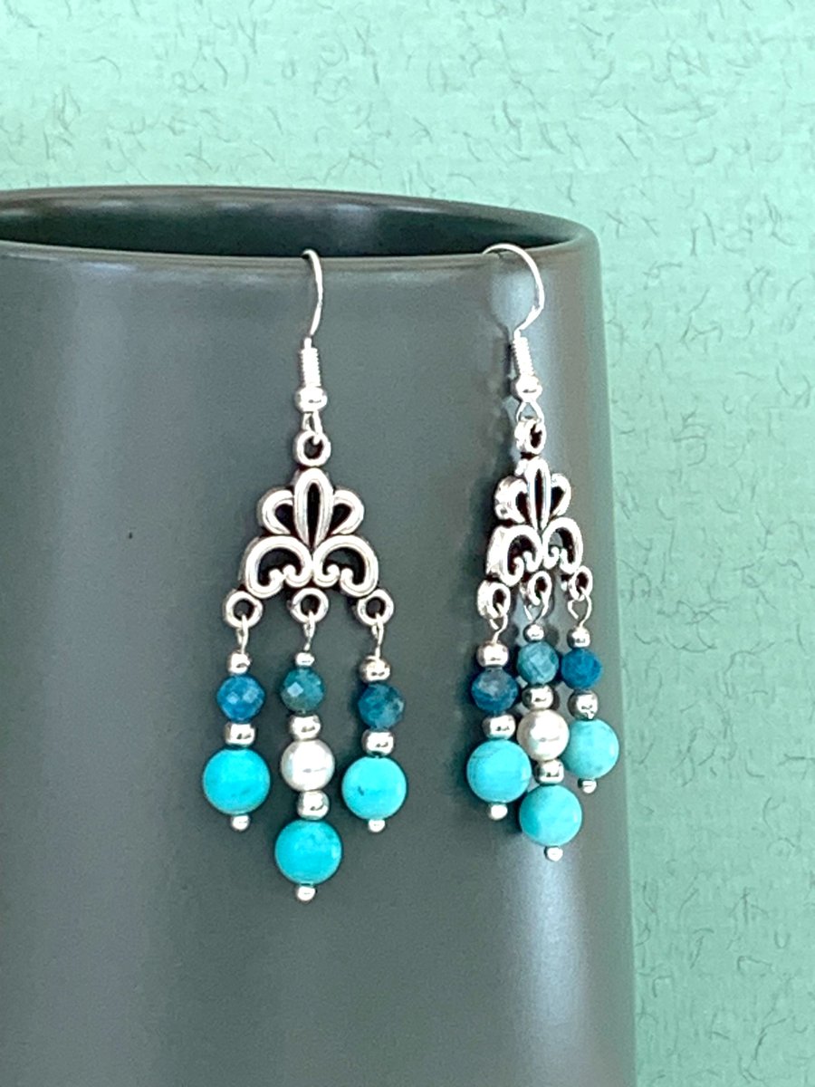 Blue and silver chandelier earrings with turquoise and apatite gemstone
