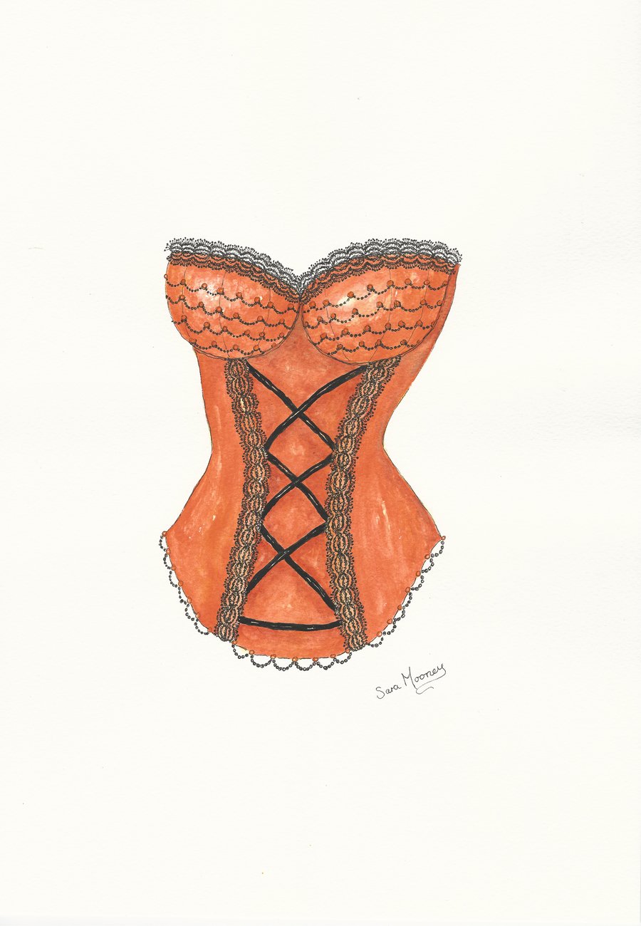 Orange corset original watercolour painting with black detailing