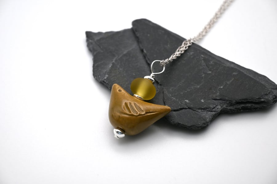 brown bird ceramic pendant necklace