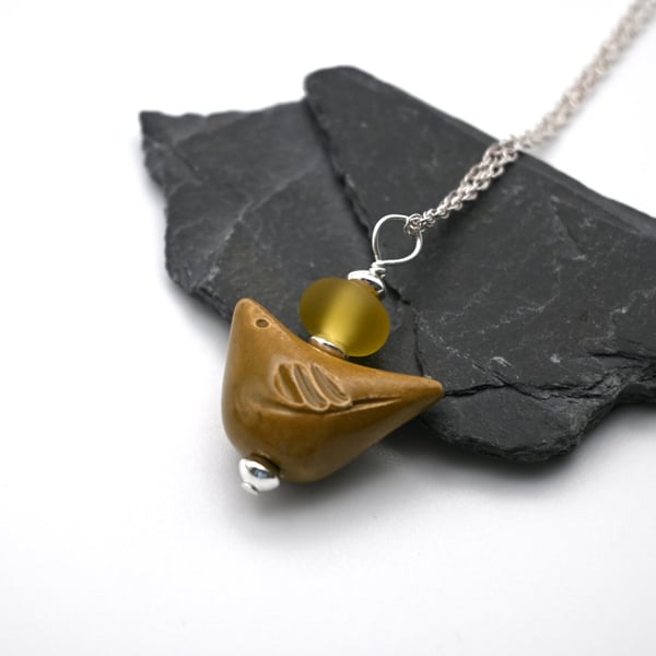 brown bird ceramic pendant necklace
