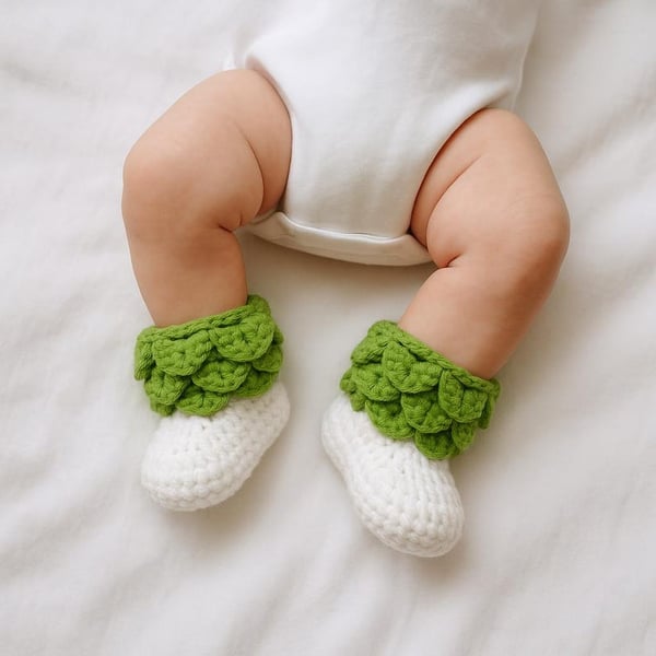 Hand crochet baby booties crocodile stitch green and white 