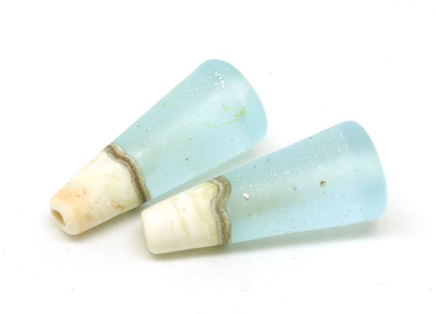 Sparkling Frosted Blue and Ivory Lampwork Cones Beads.