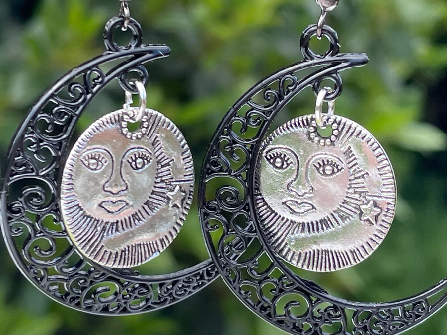 GOTHIC MOON EARRINGS graphite silver sun moon star celestial boho chic hippie