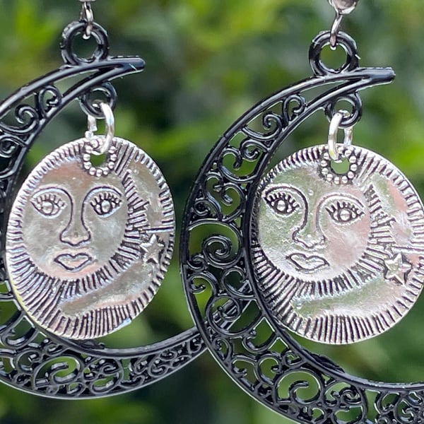 GOTHIC MOON EARRINGS graphite silver sun moon star celestial boho chic hippie
