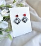 Monochrome Geometric Earrings - Red Stud Marble Dangles - Image 3