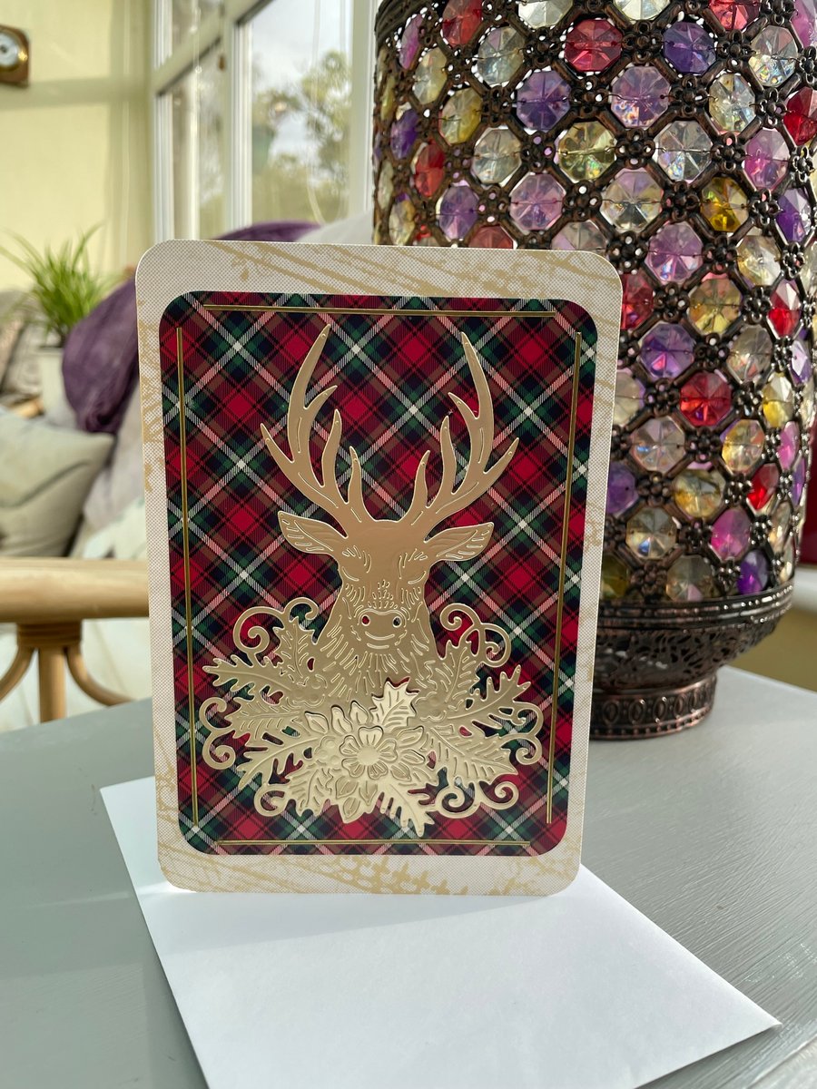 Golden stags head and tartan christmas card