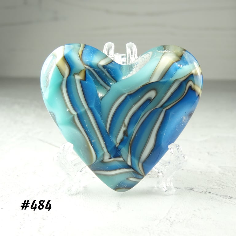 Blue cream fused glass heart with acrylic stand, 5x4.5cm (484)