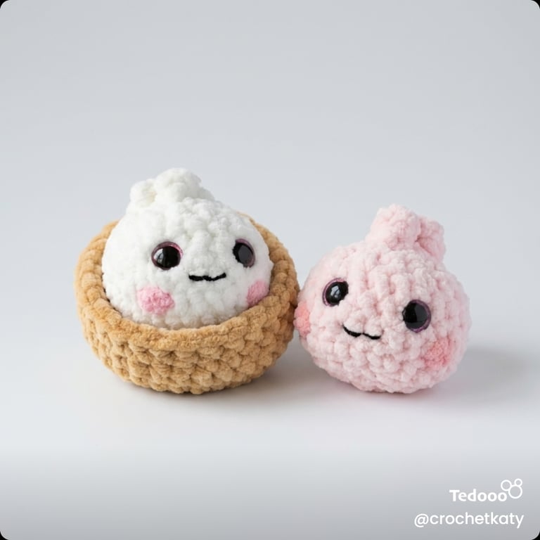 Crochet dumplings in steamer bao buns cute kawaii