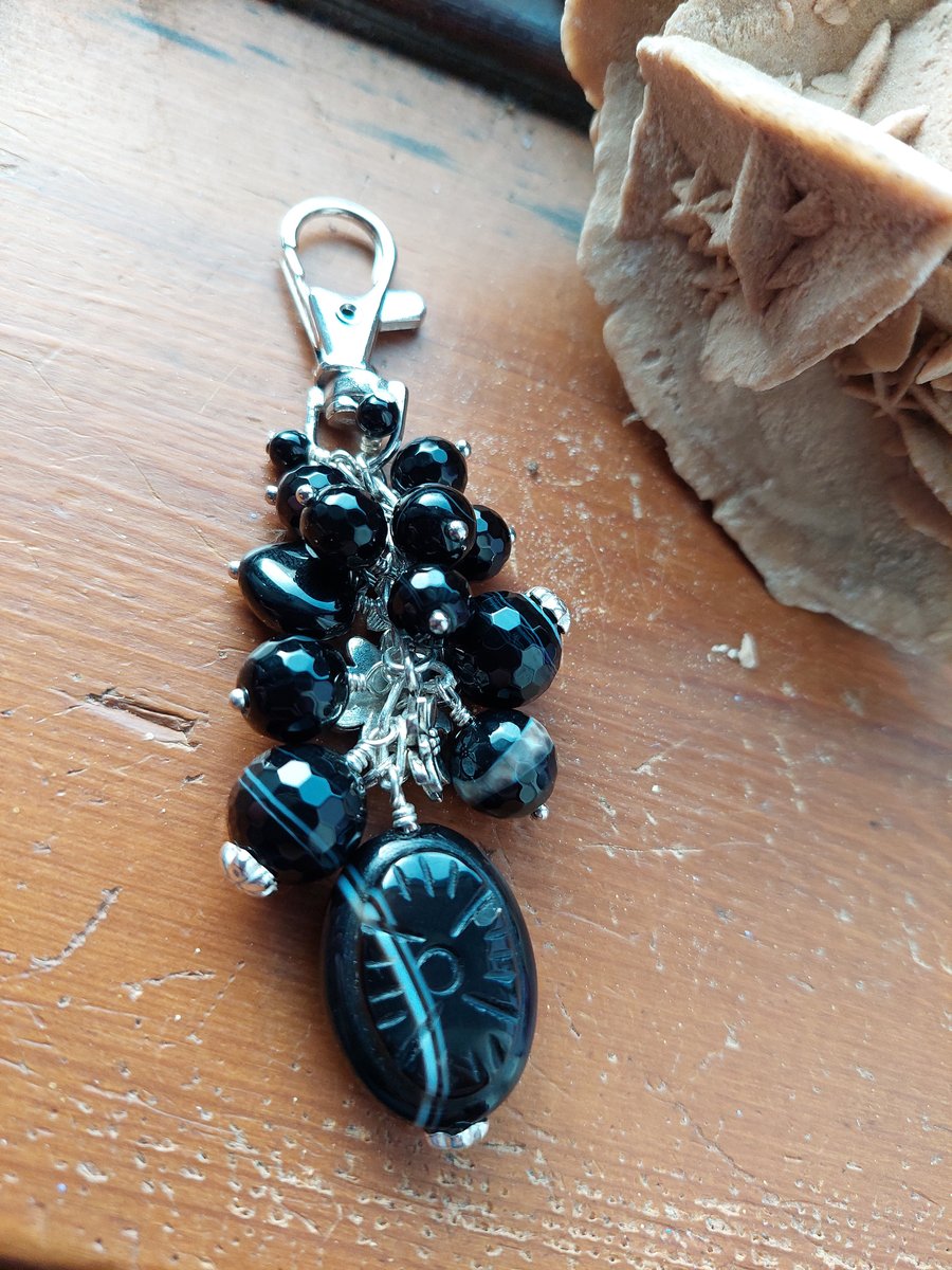 Black Stripe Agate Bag Charm or Key Ring