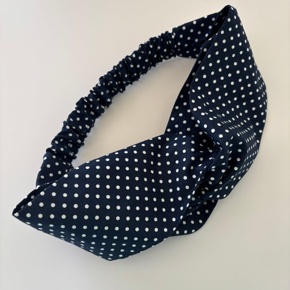 Cotton headband, twist knot style hairband in a navy and white spot design