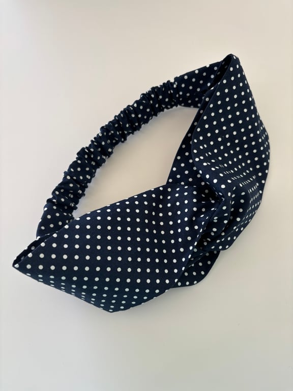 Cotton headband, twist knot style hairband in a navy and white spot design