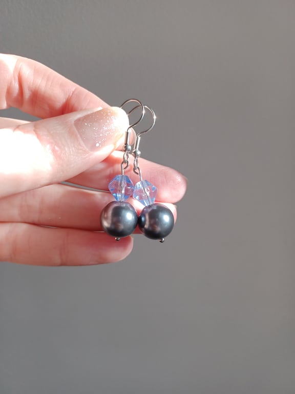 Ice blue crystal bead & grey pearl drop earrings 