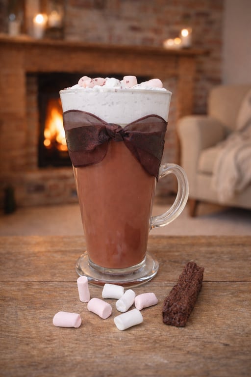 Faux Hot Chocolate topped with Marshmallows in a Latte Glass Cosy Dessert Displa