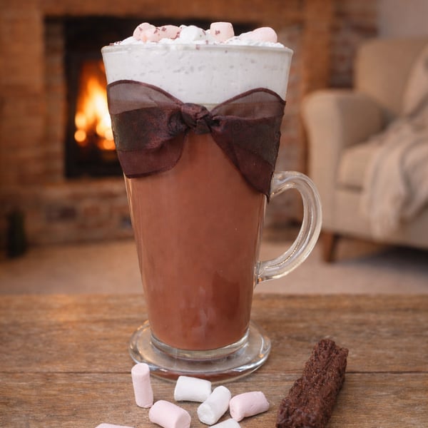 Faux Hot Chocolate topped with Marshmallows in a Latte Glass Cosy Dessert Displa