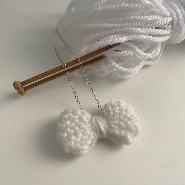 White knitted bow necklace, sterling silver necklace