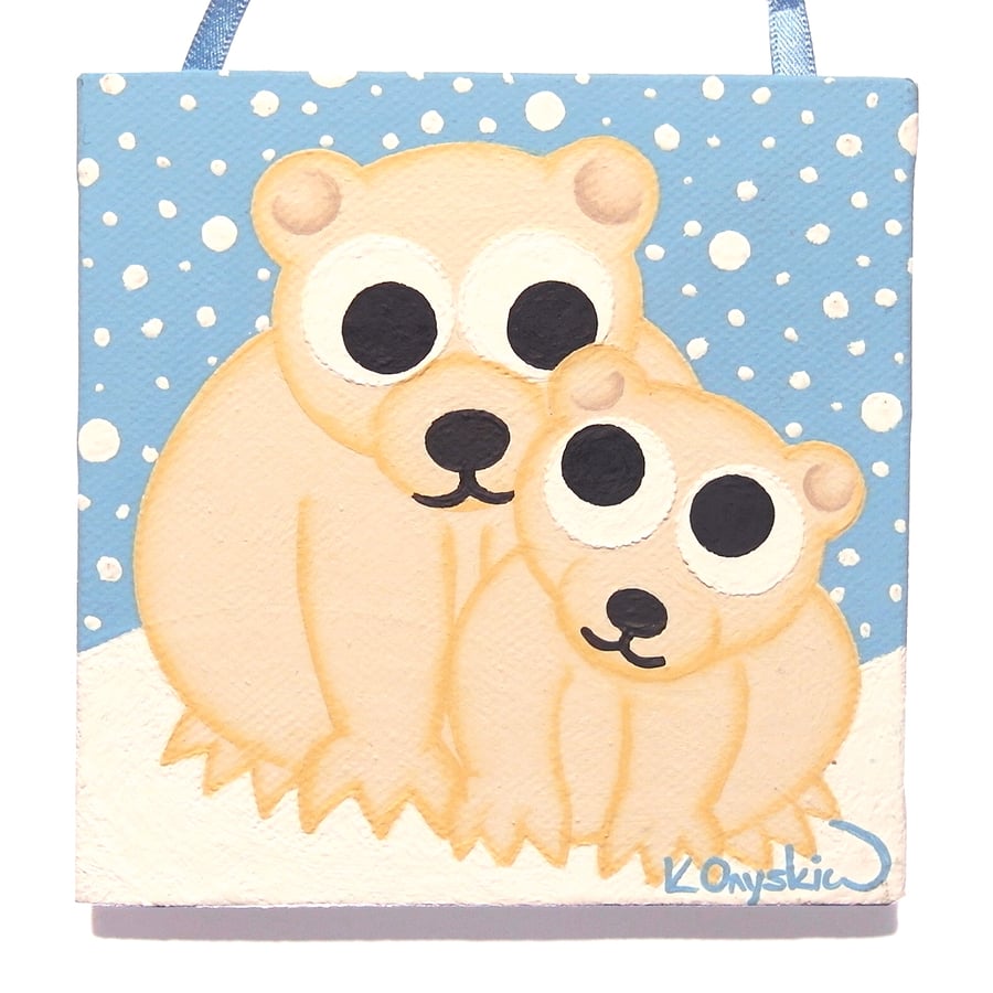 Polar Bear and Cub Small Acrylic Art on Canvas - Cute Winter Wall Decor
