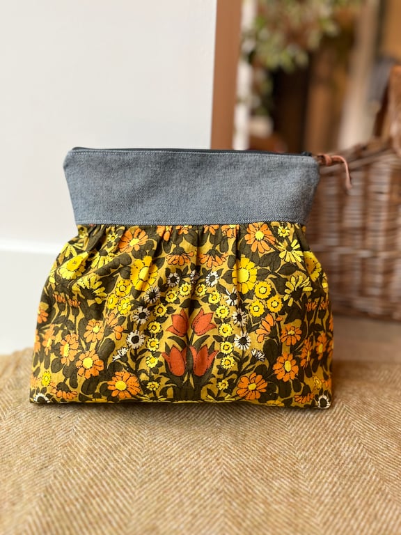 Vintage Daisy Chain cotton gathered zip bag with reclaimed denim