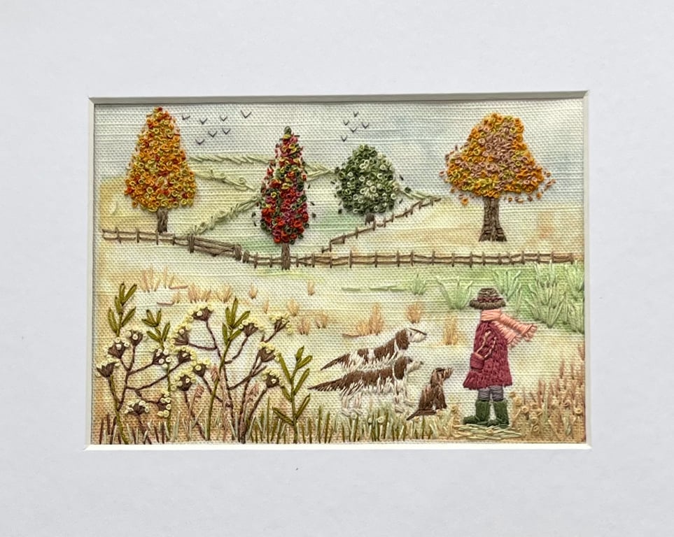 Treat Time Dog Walk Hand embroidery Linen Panel Only