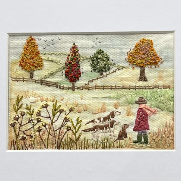 Treat Time Dog Walk Hand embroidery Linen Panel Only
