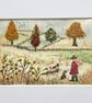 Treat Time Dog Walk Hand embroidery Linen Panel Only