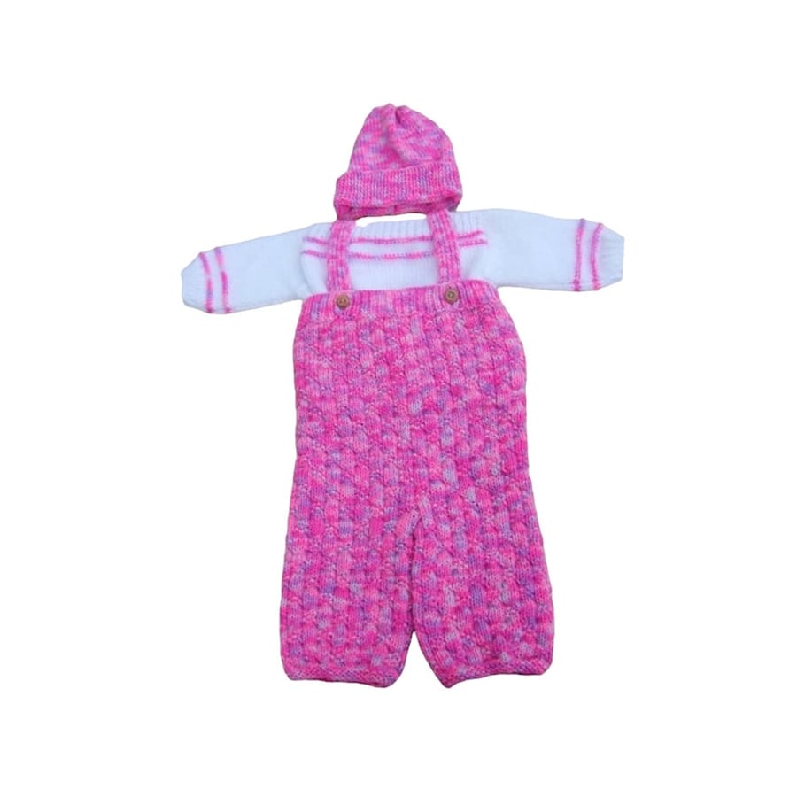 Hand knitted baby girl jumper, dungarees and hat set 0 - 3 months  