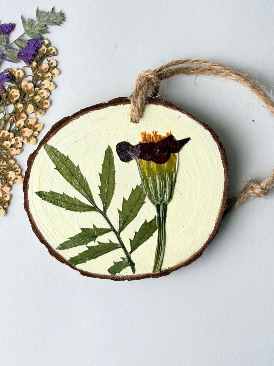 Pressed Marigold Flower Wood Slice – Hand Painted Rustic Botanical Hanging