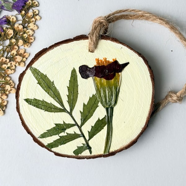 Pressed Marigold Flower Wood Slice – Hand Painted Rustic Botanical Hanging