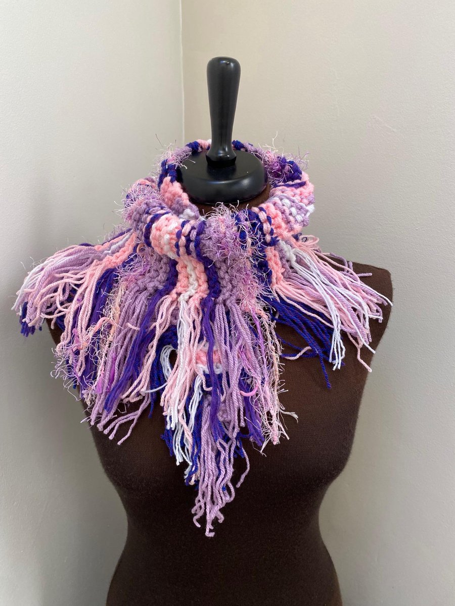 Hand Knitted Textured Scarf with Fringe, Purple, Pink, Purply Blue, white