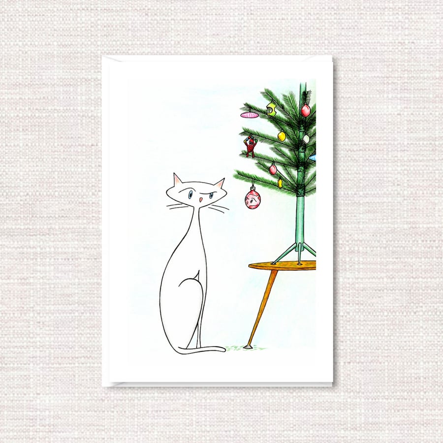 White Cat Christmas Card - Festive Tree Xmas Greetings Card