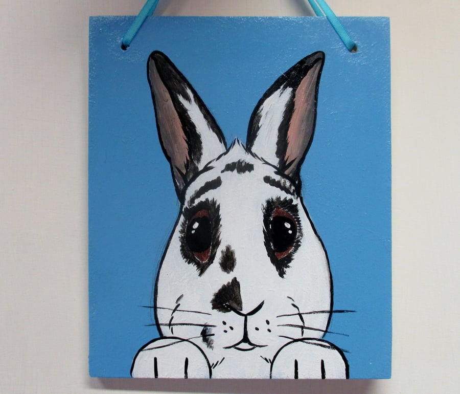 Black and White Bunny Rabbit Original Painting Picture Art Hanging Decoration