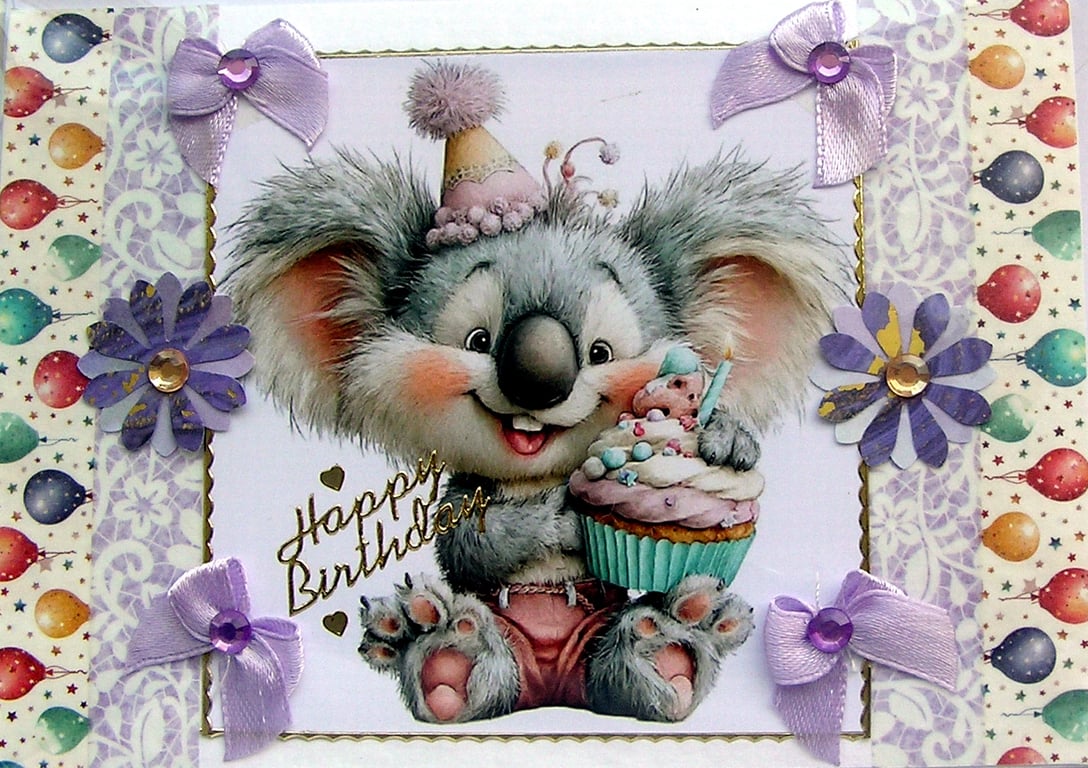 Cute Koala Bear - Hand Crafted Decoupage Greeting Card - Happy Birthday - 3785