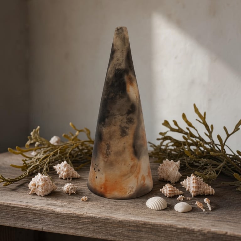 Conical, ornamental hand made pottery, ceramic, bottle