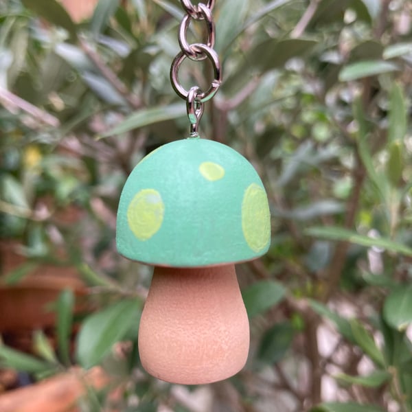 Painted Wooden Toadstool Keyring or Bag Charm, Mint & Lime Green