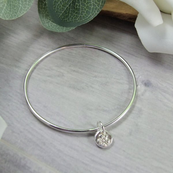 Sterling Silver Bangle with Flower Charm. Recycled Silver Fully Hallmarked