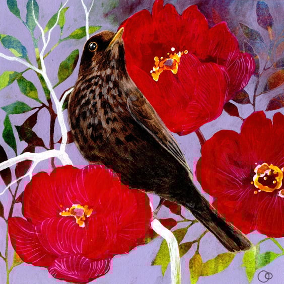 Female Blackbird Original Acrylic and Mixed Media Framed Painting 