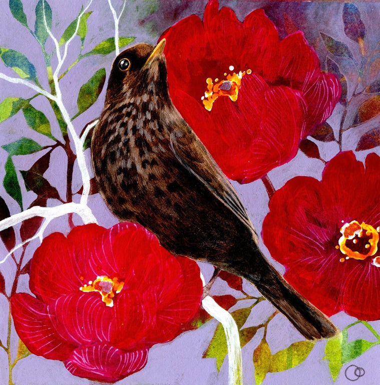 Female Blackbird Original Acrylic and Mixed Media Framed Painting 