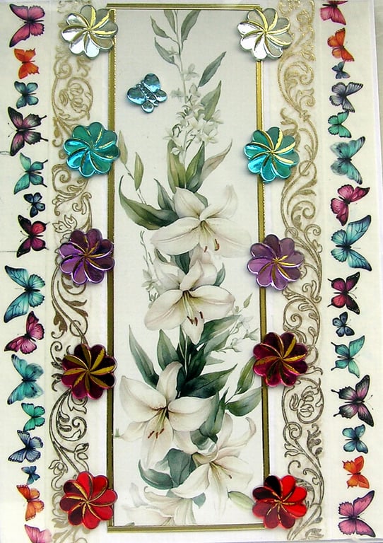 White Lily Blooms - Hand Crafted Decoupage Greeting Card - Blank 3256
