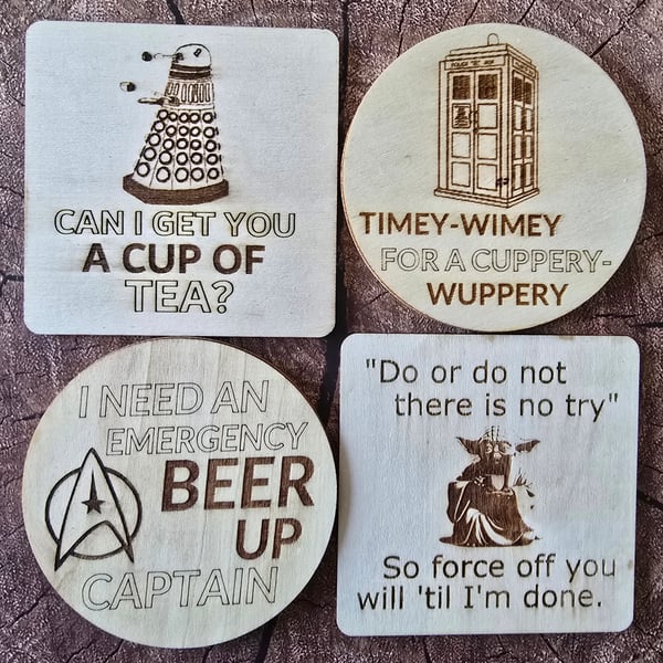 1 Sci-fi wooden coaster, thick or thin - choice of designs