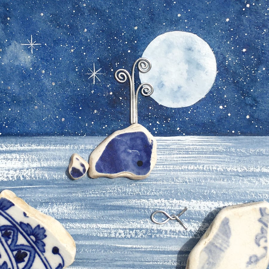 Whale by Moonlight - Original Watercolour, Beach Pebble Art & Driftwood Picture.