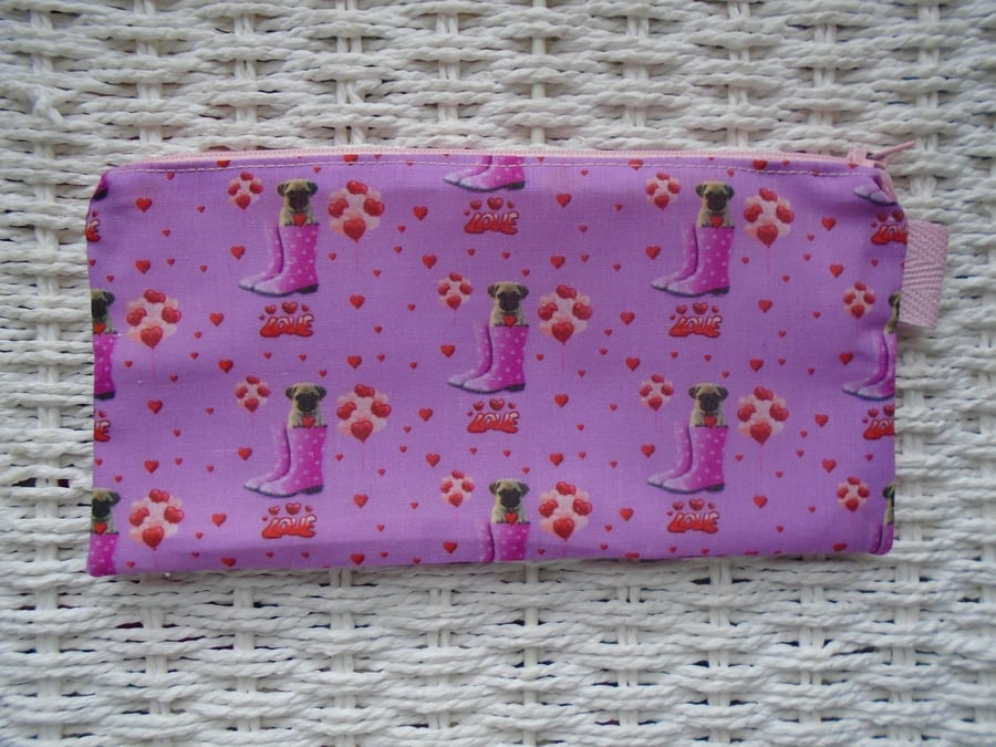 Love Pugs Pink Pencil Case or Small Make Up Bag 